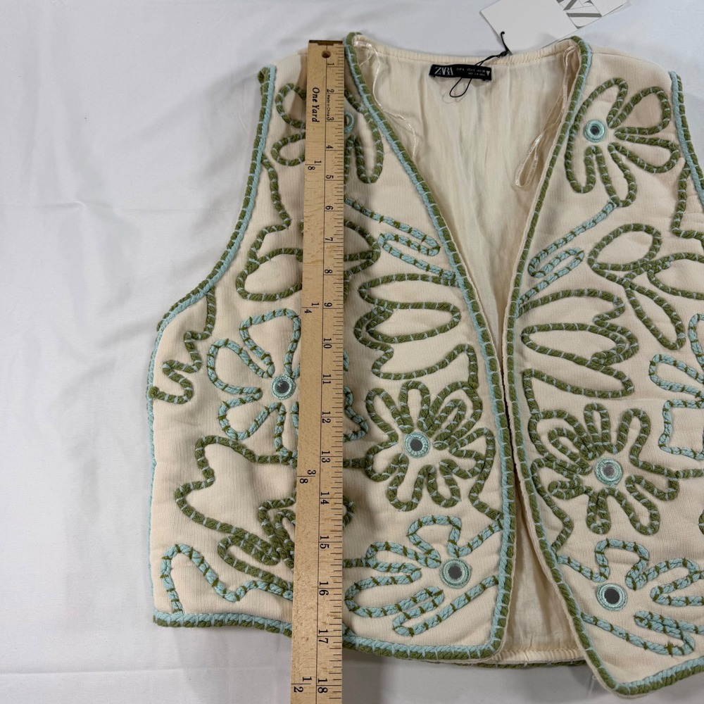 Zara Ecru Women Embroidered Floral Mirror Vest Cream Green Blue Cotton NWT Large - Picture 6 of 12